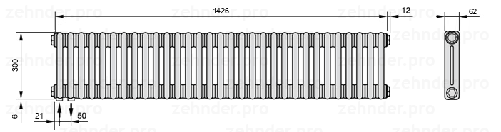 Схема (чертеж) Радиатор Zehnder Charleston 2030/31 №3370 Белый глянцевый RAL 9016